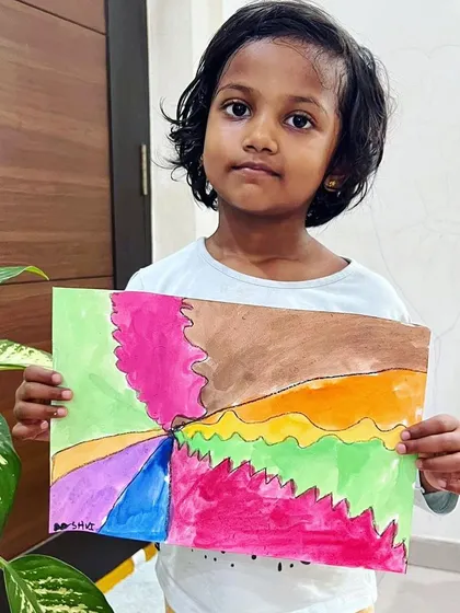 This student's artwork from our online class shows a wonderful sense of balance and color theory, learned through playful exploration.