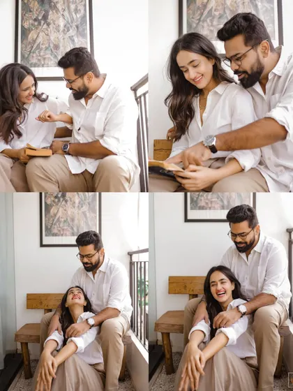 A series of candid shots showing the couple sharing a book and laughing together. These lifestyle photos capture your shared interests and genuine connection.