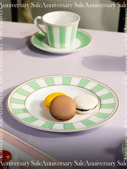 A delightful spread of macarons served on my striped green and white dinnerware. This fresh and elegant design is perfect for high tea or adding a touch of playful sophistication to your table.