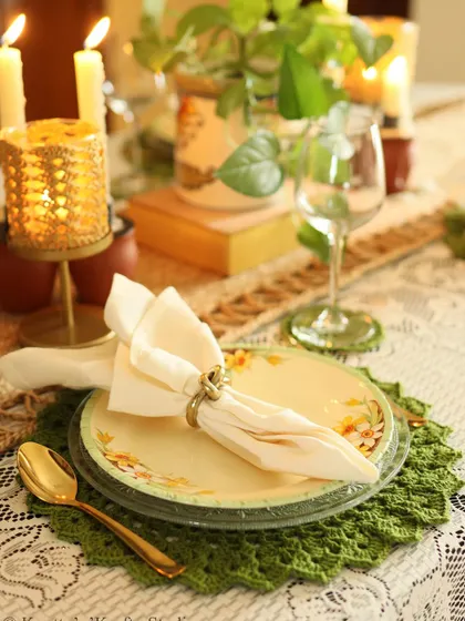 Cool olive green placemats are perfect for hot summer days. They bring a touch of nature's calm to the table.