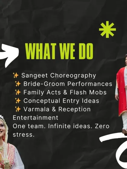 We offer a complete range of choreography services to make your wedding unforgettable. From Sangeet performances and family flash mobs to conceptual entries and Varmala acts, our team handles it all with zero stress for you.