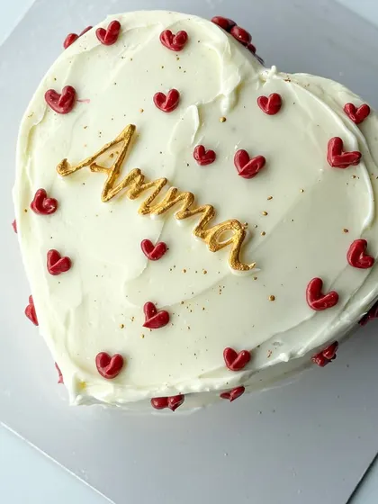 A simple and heartfelt cake for Amma. This heart-shaped cake is covered in white buttercream and decorated with tiny red hearts and a beautiful gold "Amma" script.