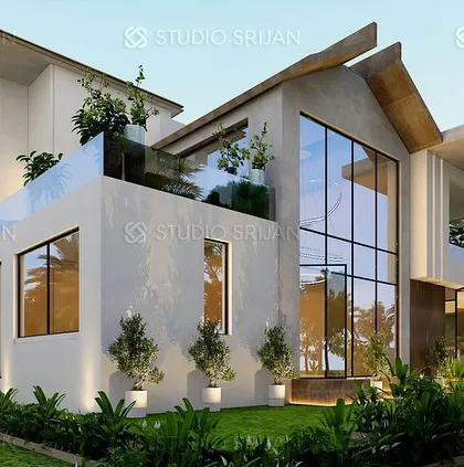 This perspective of the Coimbatore house shows the double-height glass facade and the rooftop terrace, designed to maximize views and create multiple levels of outdoor living space.