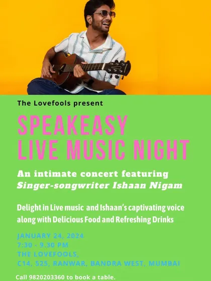 An announcement for a speakeasy live music night at The Lovefools, featuring an intimate concert with my original music.