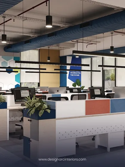 A 3D render of a workstation area for a new client, showcasing our design intent. The plan incorporates brand colors, integrated planters, and modern linear lighting to create a vibrant and efficient workspace.