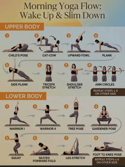 A perfect morning yoga flow to wake up your body and start your day with energy. This routine focuses on both the upper and lower body, helping you slim down with gentle, effective movements like Cat-Cow, Warrior poses, and stretches.
