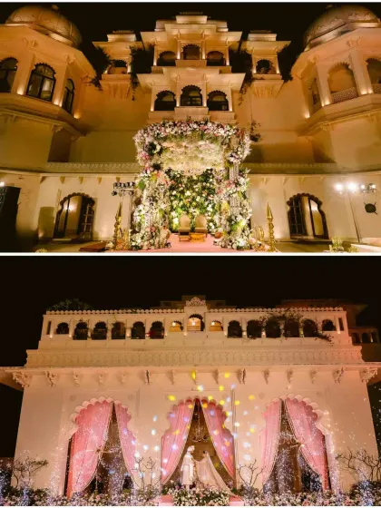The magnificent decor at Alila Bishangarh, showing both the daytime floral mandap and the glittering nighttime setup for the varmala ceremony.