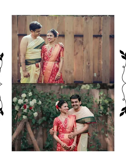 A collage of the couple in their traditional red wedding sarees and dhotis, sharing a romantic moment in a rustic, natural setting.