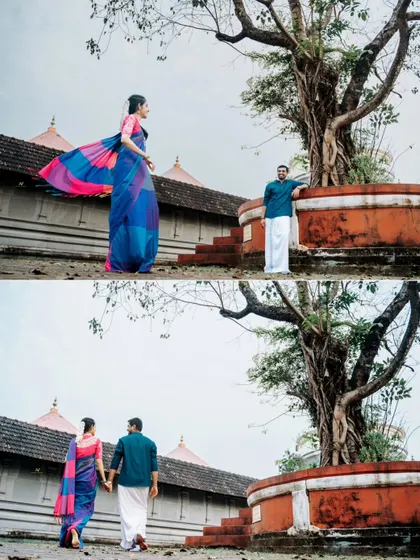 A dynamic collage capturing movement and stillness. The bride's vibrant saree flows in the wind, creating a beautiful contrast with the serene temple background in this pre-wedding photo.