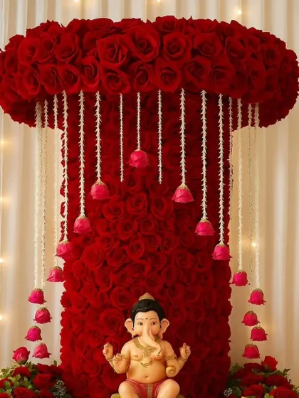 A unique and artistic Ganpati backdrop made of red roses. The flowers form a column with a floral canopy, from which strings of jasmine and rosebuds hang, creating a waterfall-like effect.