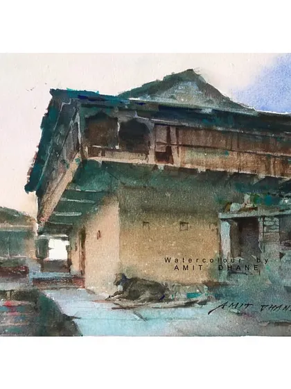 A small study sketch of a traditional wooden house, likely in the Himalayas. The unique architecture and textures were a great subject to paint.