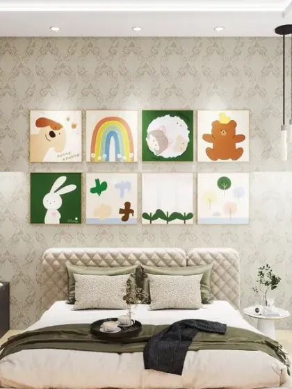 A playful yet sophisticated bedroom concept, featuring a gallery wall of cute art above a tufted headboard, designed for comfort and personality.