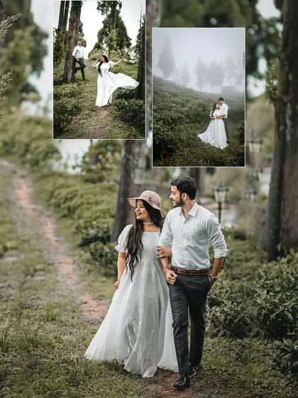 This collage combines a candid walking shot with more posed portraits from a Darjeeling forest shoot. It highlights the beauty of the location and the couple's easygoing chemistry.