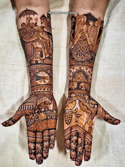 An elaborate design featuring a baraat procession with an elephant on one arm and a family portrait on the other.