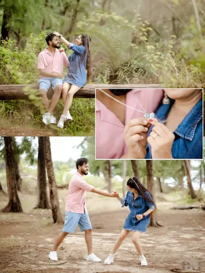 A collage of fun and playful moments in the forest. From sharing headphones to a mock fight, this shoot was all about capturing their youthful energy and shared jokes.
