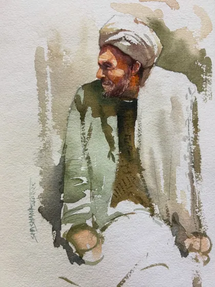A watercolor figure study of a man in traditional attire, focusing on the texture of the fabric and the relaxed pose.