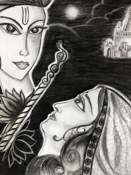 This charcoal pencil sketch of Radha and Krishna tells a beautiful story. The student focused on creating contrast and capturing the expressive eyes and delicate details, all with just black and white tones.