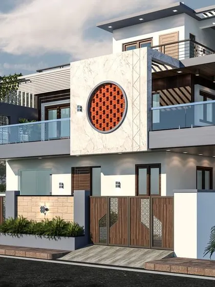 A daytime 3D render of Mr. Girish's bungalow. This view clearly shows the material textures, including the stone cladding and the circular jalli screens, under natural light.