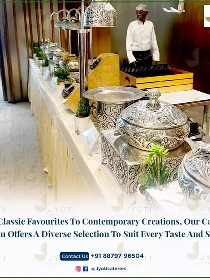 A classic buffet line featuring ornate silver serving dishes, showcasing our ability to cater to traditional tastes with timeless elegance.