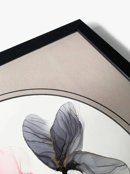 Another close-up of the floral artwork, showing the delicate lines of the painting and the clean edge of the circular mat opening.