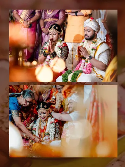 A collage capturing the serene and sacred moments of the wedding ceremony, with a focus on the couple's prayers and the blessings they receive.