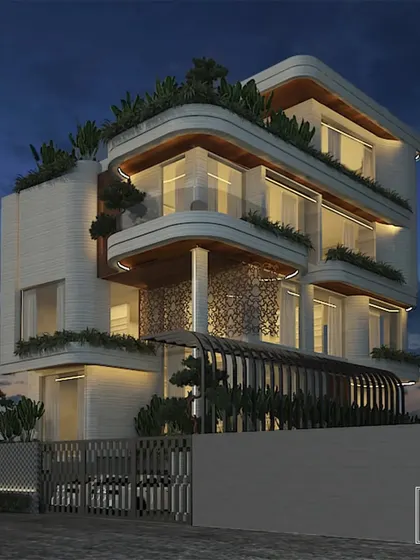 This architectural render for a modern bungalow in Gujarat highlights our use of curved forms and cantilevered balconies. The design integrates rooftop greenery and strategic lighting to create a dynamic and sophisticated exterior presence.