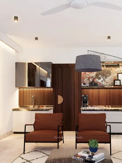This view shows how we used surplus marble to create an opulent entrance pantry that visually connects to the living area. The goal was to maintain functional requirements while creating a seamless visual flow across the entire floor, unifying it into one cohesive space.