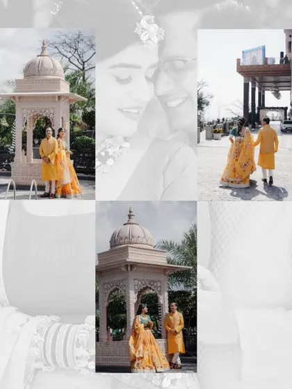A collage of the couple at their Haldi ceremony, posing near a beautiful gazebo and walking together. It showcases the venue and their relationship.