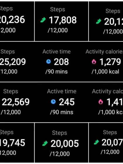 Data that shows dedication. These screenshots from a client's fitness tracker display daily step counts consistently exceeding 20,000 and significant calorie burn, proving that small daily efforts add up to big results.