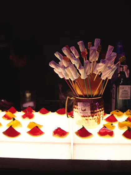 Another look at our illuminated jello shot and marshmallow garnish display. It's a sweet and playful addition to any cocktail party or Sangeet.