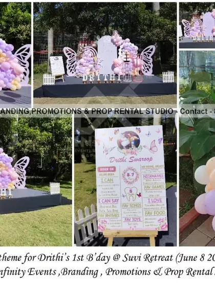 This beautiful butterfly theme for a first birthday at Suvi Retreat was set against a lush outdoor backdrop. The decor features pastel lavender balloon arrangements, large butterfly wing props, and a personalized milestone board for a truly picturesque event.