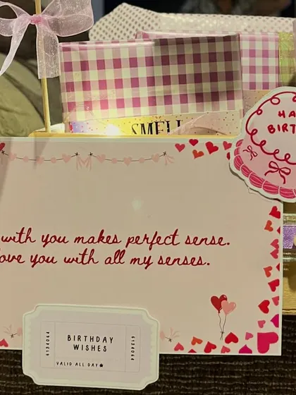 A close up on the sweet, handwritten style card that accompanies my '5 Senses' hampers, adding a heartfelt and personal touch to the gift.
