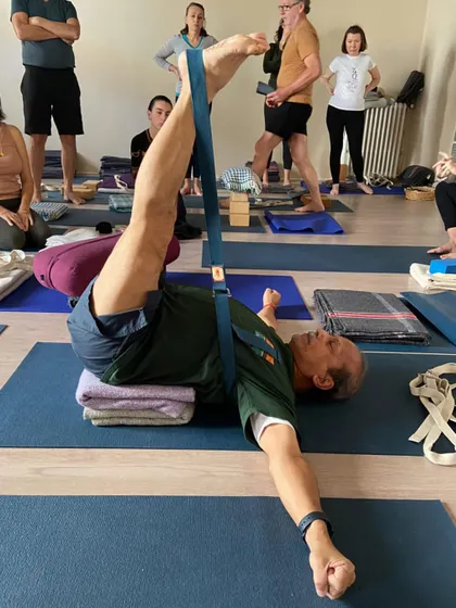 Additional images from my personal practice and teaching sessions, demonstrating a wide variety of asanas and the use of props. Each photo shows a moment of exploration in the journey of yoga.