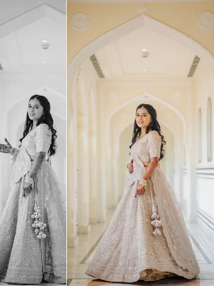 A full-length portrait of the bride, Princy, in her beautiful Roka outfit. The mix of color and black and white adds an artistic touch, highlighting her grace.
