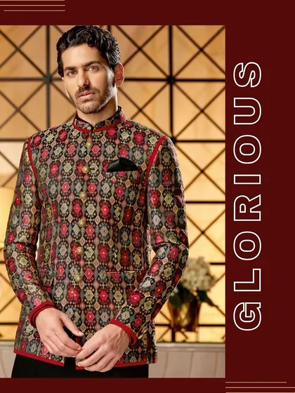 Dashing, elegant, and made just for you. This glorious multi-patterned bandhgala with red accents is a perfect example of a custom-made sangeet outfit that fits like a dream.