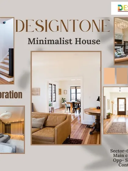 A collage promoting our minimalist house decoration services, featuring warm, neutral tones and natural wood elements.