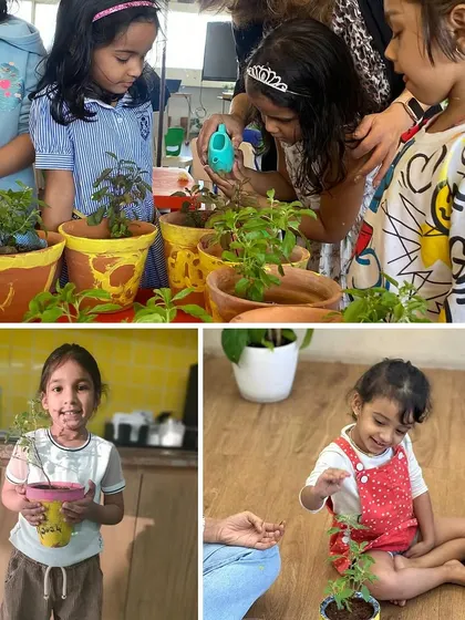 A collage of happy moments from our gardening workshop. Children are seen watering plants, holding their finished pots, and smiling proudly, showcasing the joy of practical learning.