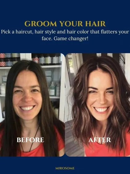The right haircut and color can be a game-changer for your entire look. This before and after is a perfect example of how a hair transformation can flatter your face and boost your confidence.