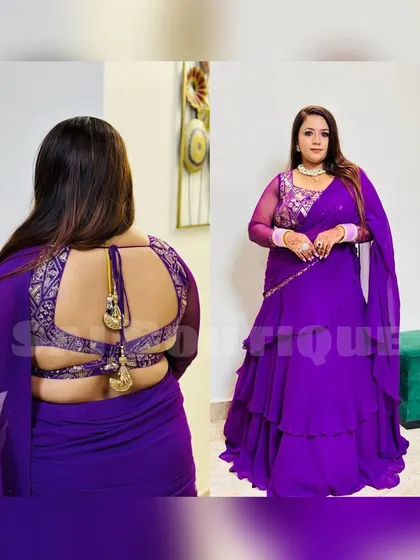 A stunning back design on this purple saree-gown for Karwa Chauth. The intricate work on the blouse back adds a touch of glamour.