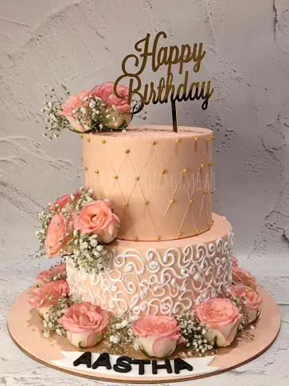 A lovely two-tier birthday cake with delicate piping on the bottom tier and a quilted pattern on top. The design is finished with fresh pink roses, making it perfect for an elegant celebration.