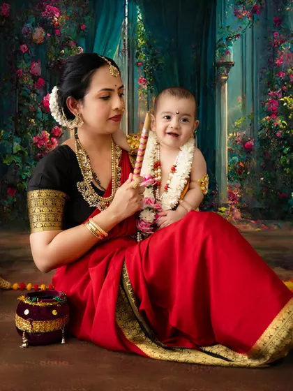 A beautiful portrait of a mother and her smiling baby Krishna in a magical, floral setting.