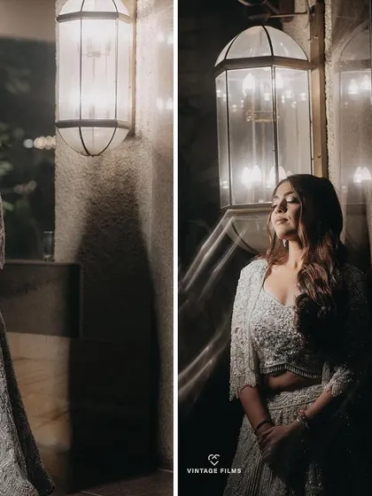 A diptych of the bride in a serene, thoughtful mood. The soft lighting from the lamps creates a warm and intimate atmosphere for these elegant solo portraits.