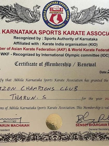 Our club is proud to be a recognized member of the Akhila Karnataka Sports Karate Association (AKSKA), which is affiliated with the Karate India Organisation (KIO) and World Karate Federation (WKF).