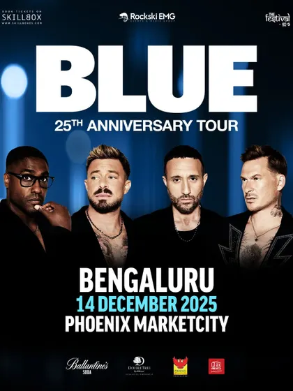 The official poster for the iconic boyband Blue's 25th Anniversary Tour in Bengaluru. This represents our ability to tap into pop nostalgia, bringing beloved international chart-toppers to their dedicated Indian fanbase for a once-in-a-lifetime show.