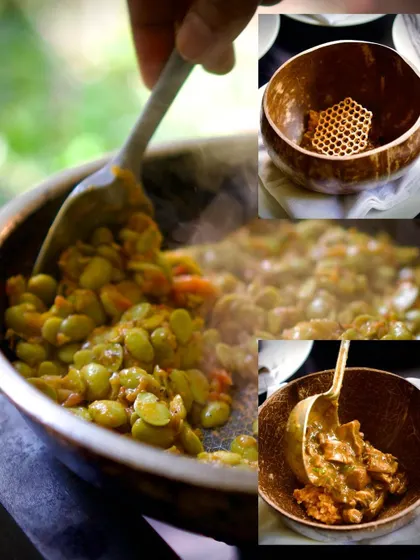 A collage from the Bangalore Nostalgia menu, featuring dishes like Bisi Bele Baath with Bannur Lamb and a modern take on Avarekai.