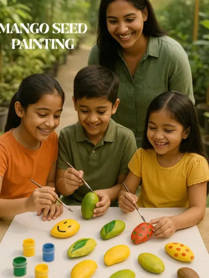 Children happily engaged in a mango seed painting workshop. I believe in creating activities that are both fun and a little bit creative for our youngest guests.