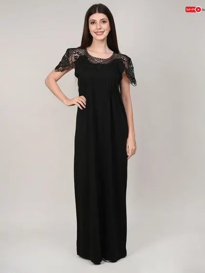 A standard front-view shot of a black lace nightgown. This clean, simple presentation is ideal for catalogue listings, focusing entirely on the product's design and features.