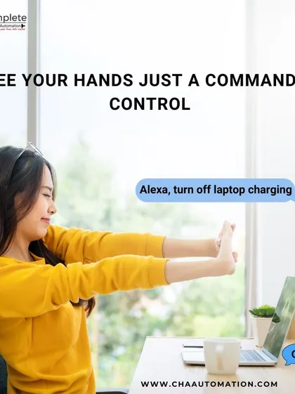 Free your hands for what matters most. This scene shows how a simple voice command to Alexa can manage appliances, like turning off a laptop charger, allowing you to multitask effortlessly.