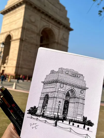 A close-up of my India Gate sketch, created with Sakura Pigma Micron pens. The fine lines allow for intricate detail, perfect for architectural drawings.
