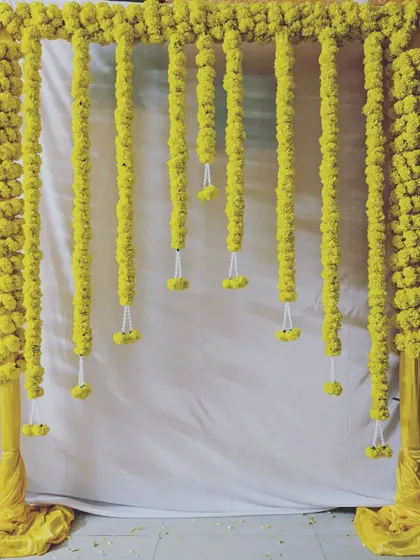 A simple yet beautiful Haldi backdrop. The design consists of a frame with hanging garlands of bright yellow marigolds against a clean white curtain.